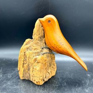 Vintage Hand Carved Wooden Bird on driftwood.  Signed Randy Whaley 1990